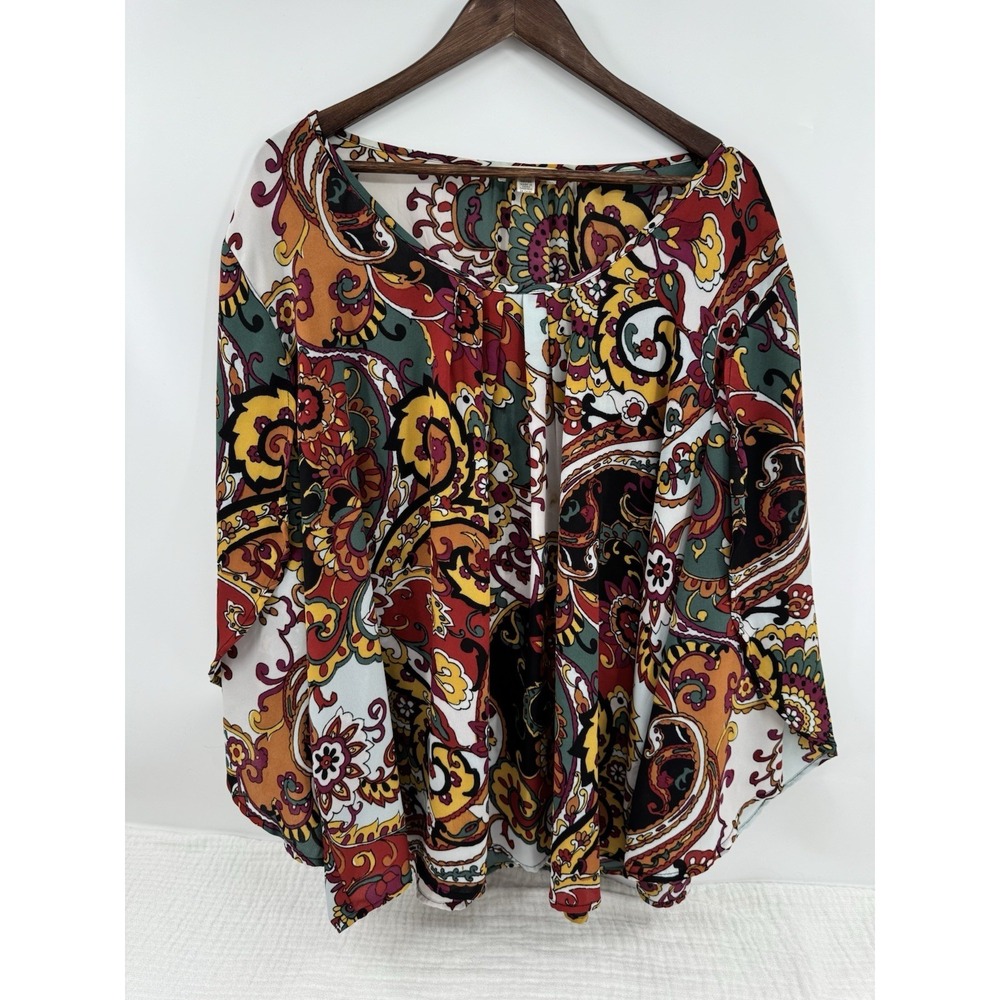Spense Vibrant Floral Paisley Print Popover Top Boho Flare Sleeve Flowy Size 3X
